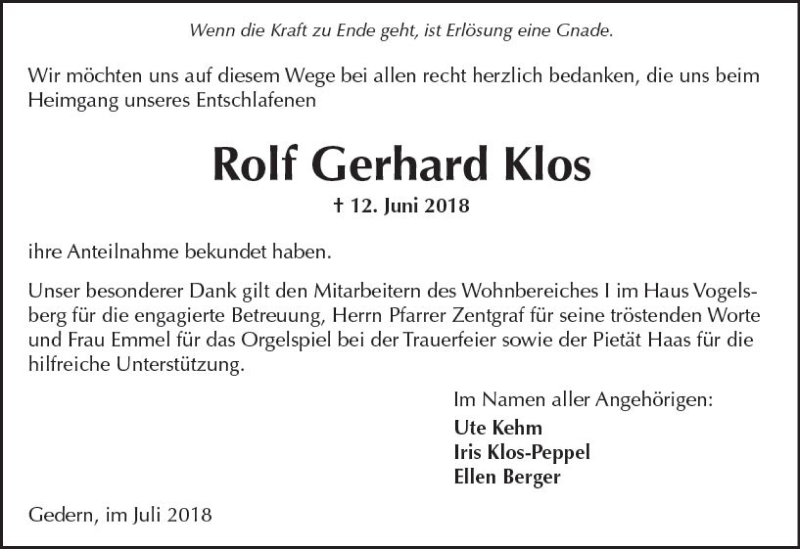  Traueranzeige für Rolf Gerhard Klos vom 14.07.2018 aus  Kreisanzeiger