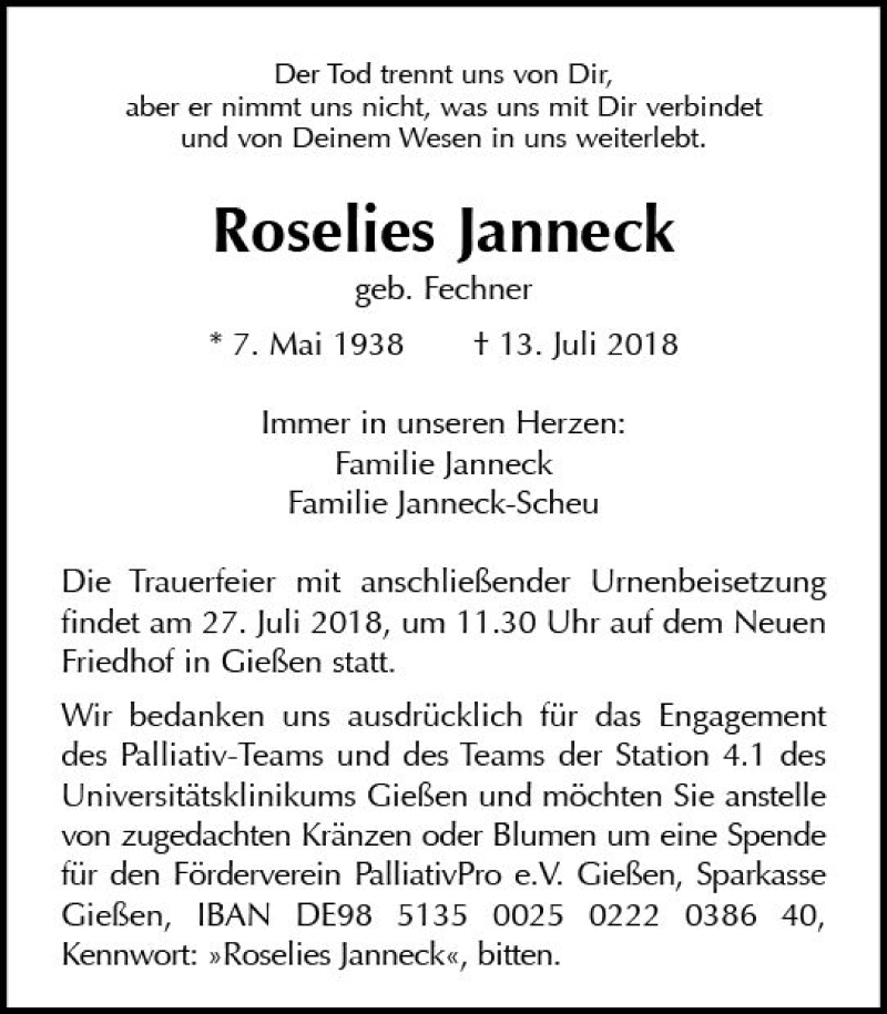  Traueranzeige für Roselies Janneck vom 21.07.2018 aus  Gießener Anzeiger