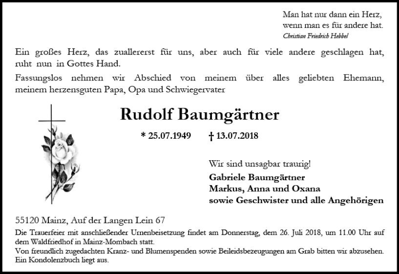  Traueranzeige für Rudolf Baumgärtner vom 21.07.2018 aus vrm-trauer