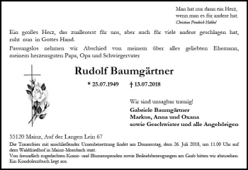 Traueranzeige von Rudolf Baumgärtner von vrm-trauer