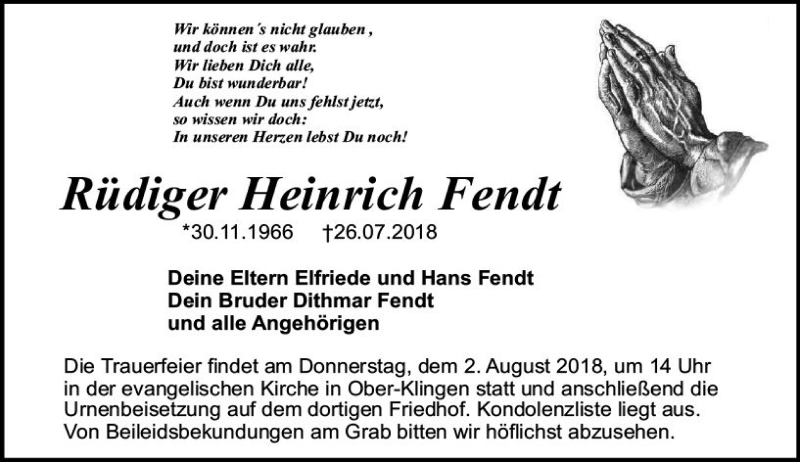  Traueranzeige für Rüdiger Heinrich Fendt vom 31.07.2018 aus vrm-trauer
