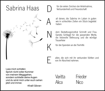 Traueranzeige von Sabrina Haas von vrm-trauer