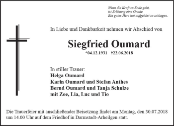 Traueranzeige von Siegfried Oumard von vrm-trauer