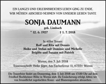 Traueranzeige von Sonja Daumann von Trauerportal Rhein Main Presse
