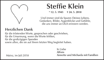Traueranzeige von Steffie Klein von vrm-trauer