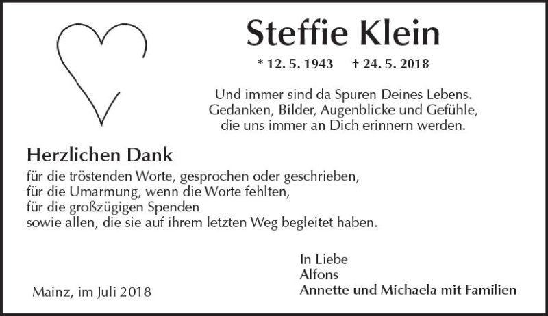  Traueranzeige für Steffie Klein vom 21.07.2018 aus vrm-trauer