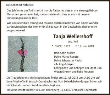 Traueranzeige von Tanja Wellershoff von vrm-trauer