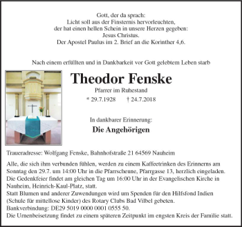 Traueranzeige von Theodor Fenske von vrm-trauer