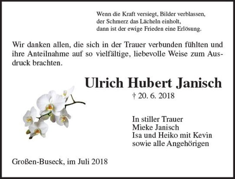  Traueranzeige für Ulrich Hubert Janisch vom 27.07.2018 aus  Gießener Anzeiger