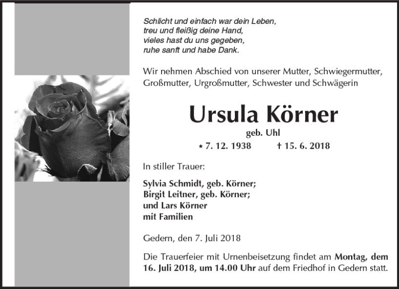 Traueranzeige für Ursula Körner vom 07.07.2018 aus  Kreisanzeiger