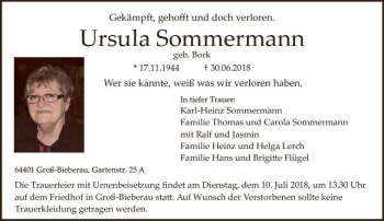 Traueranzeige von Ursula Sommermann von vrm-trauer