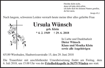 Traueranzeige von Ursula Wünsch von Trauerportal Rhein Main Presse