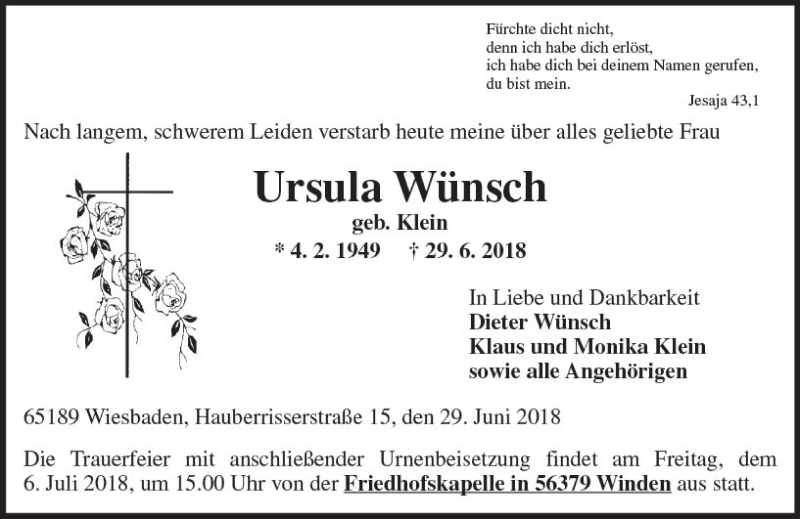  Traueranzeige für Ursula Wünsch vom 04.07.2018 aus Trauerportal Rhein Main Presse