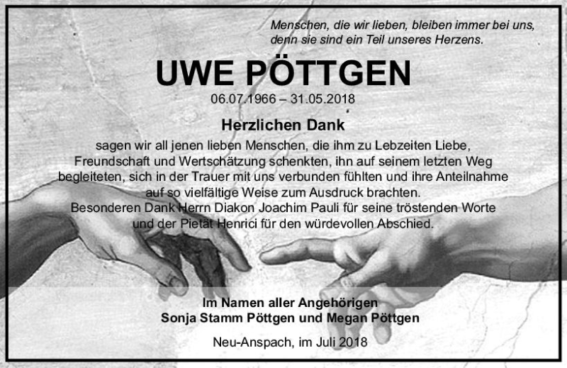  Traueranzeige für Uwe Pöttgen vom 10.07.2018 aus  Usinger Anzeiger