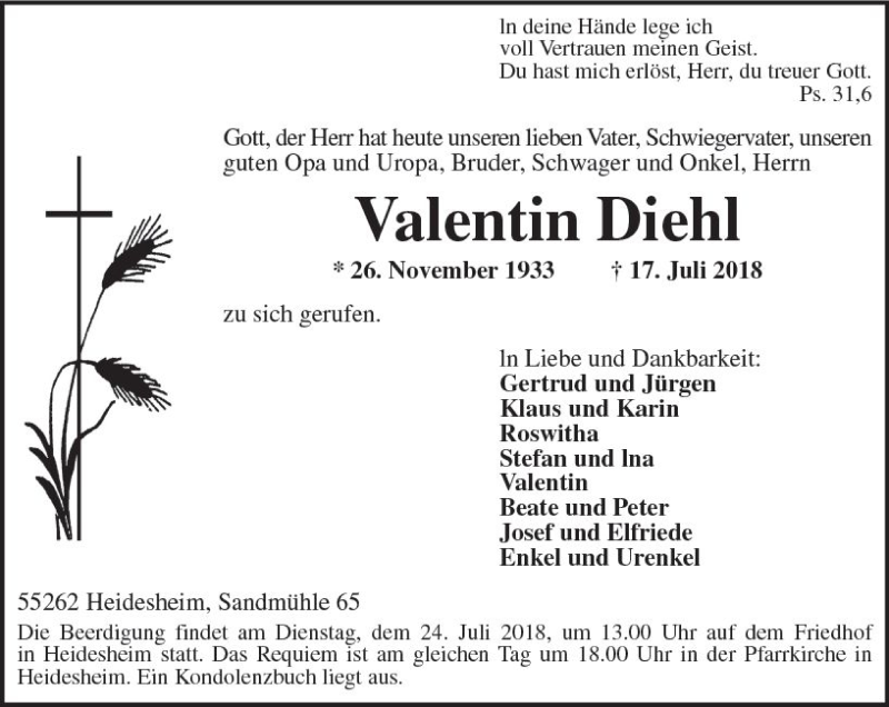  Traueranzeige für Valentin Diehl vom 21.07.2018 aus vrm-trauer