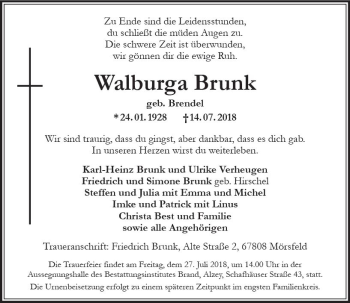 Traueranzeige von Walburga Brunk von vrm-trauer