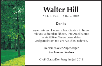 Traueranzeige von Walter Hill von vrm-trauer