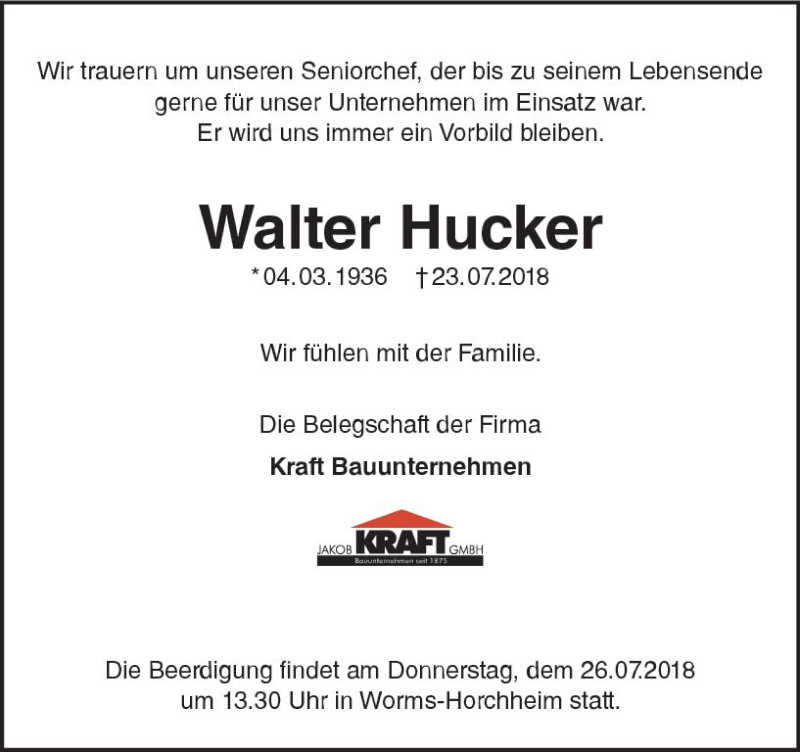  Traueranzeige für Walter Hucker vom 25.07.2018 aus vrm-trauer