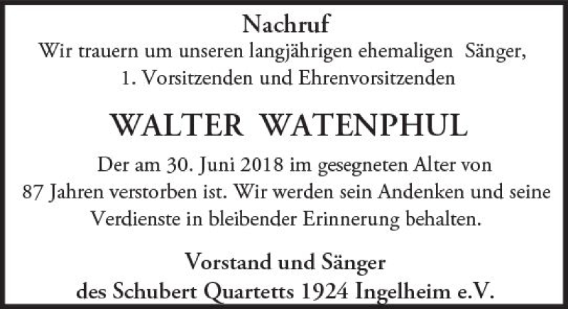  Traueranzeige für Walter Watenphul vom 12.07.2018 aus vrm-trauer