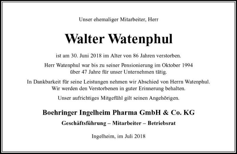  Traueranzeige für Walter Watenphul vom 07.07.2018 aus vrm-trauer