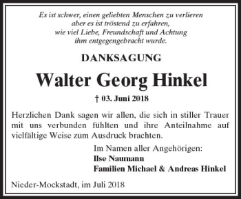 Traueranzeige von Walter Georg Hinkel von  Kreisanzeiger