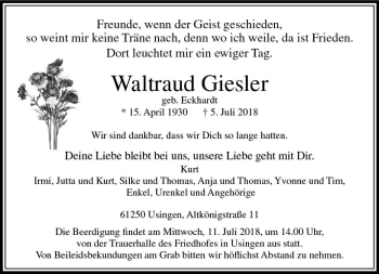 Traueranzeige von Waltraud Giesler von  Usinger Anzeiger