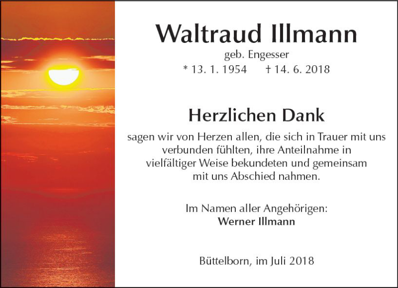  Traueranzeige für Waltraud Illmann vom 07.07.2018 aus vrm-trauer