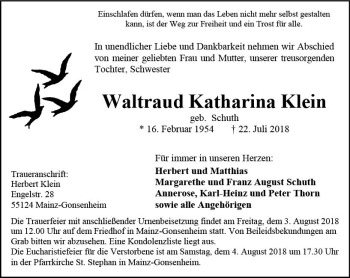 Traueranzeige von Waltraud Katharina Klein von vrm-trauer