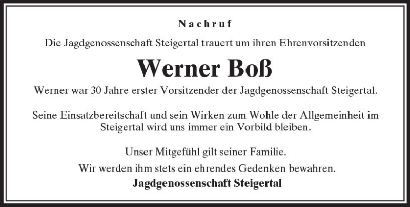  Traueranzeige für Werner Boß vom 17.07.2018 aus VRM Trauer