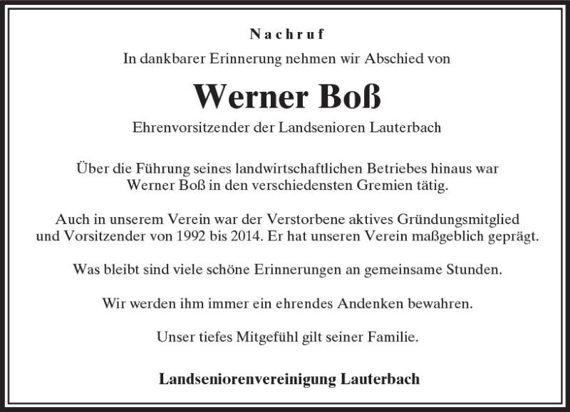  Traueranzeige für Werner Boß vom 18.07.2018 aus VRM Trauer