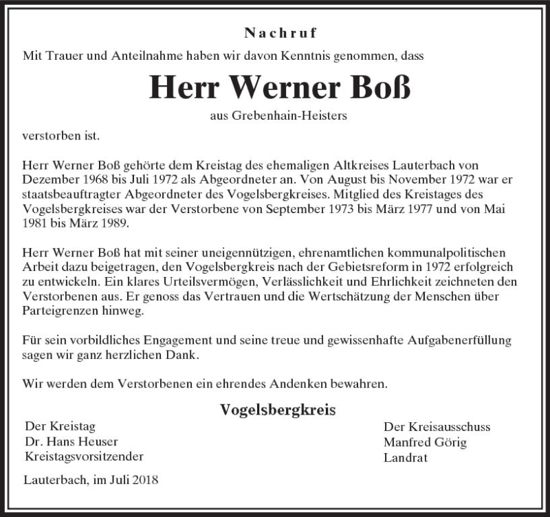  Traueranzeige für Werner Boß vom 18.07.2018 aus VRM Trauer