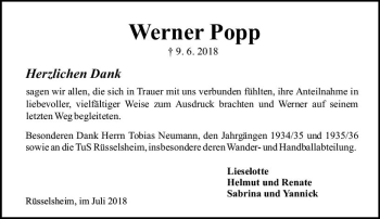 Traueranzeige von Werner Popp von vrm-trauer