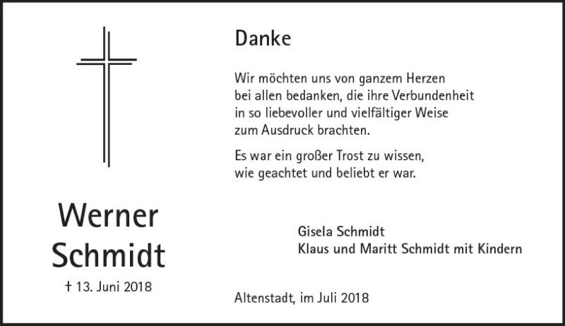  Traueranzeige für Werner Schmidt vom 21.07.2018 aus  Kreisanzeiger