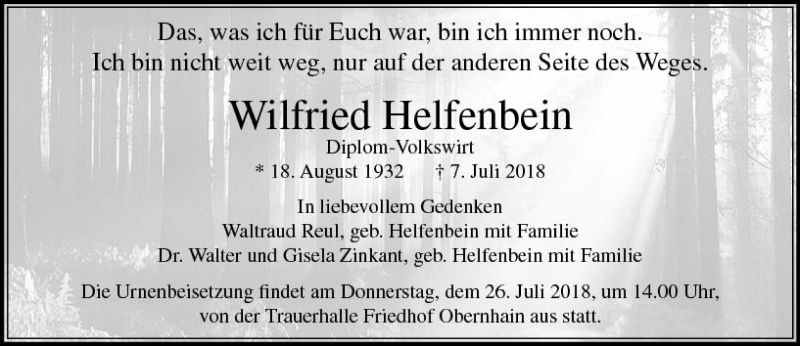  Traueranzeige für Wilfried Helfenbein vom 24.07.2018 aus  Usinger Anzeiger