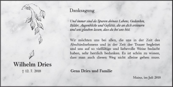 Traueranzeige von Wilhelm Dries von vrm-trauer