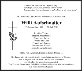 Traueranzeige von Willi Aufschnaiter von  Usinger Anzeiger