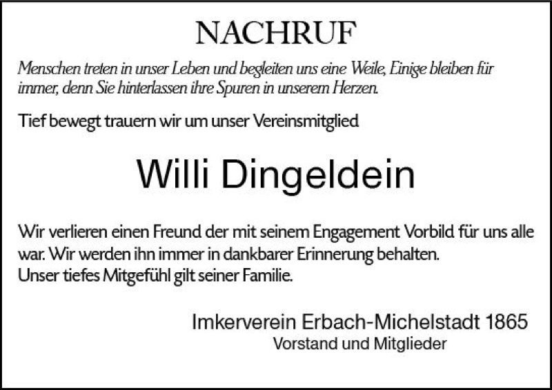  Traueranzeige für Willi Dingeldein vom 21.07.2018 aus vrm-trauer