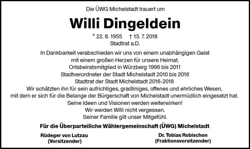  Traueranzeige für Willi Dingeldein vom 21.07.2018 aus vrm-trauer