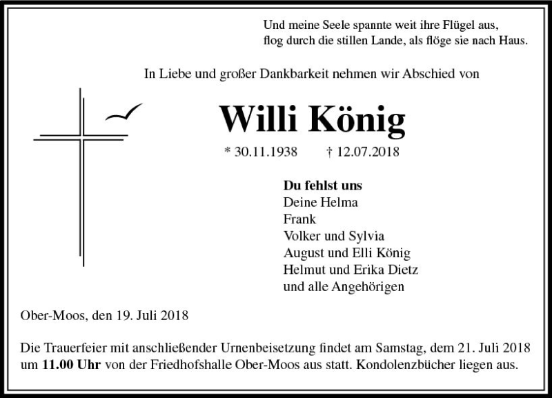  Traueranzeige für Willi König vom 19.07.2018 aus VRM Trauer