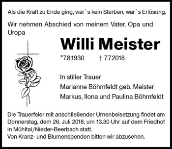 Traueranzeige von Willi Meister von vrm-trauer