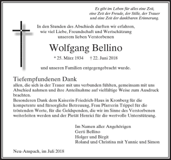 Traueranzeige von Wolfgang Bellino von  Usinger Anzeiger