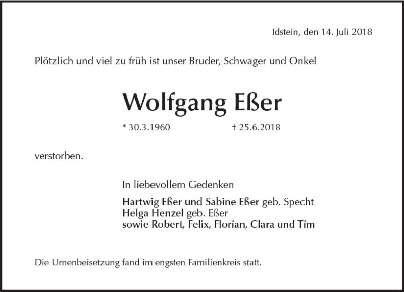  Traueranzeige für Wolfgang Eßer vom 14.07.2018 aus vrm-trauer