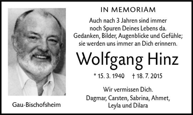  Traueranzeige für Wolfgang Hinz vom 18.07.2018 aus vrm-trauer