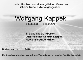 Traueranzeige von Wolfgang Kappek von vrm-trauer