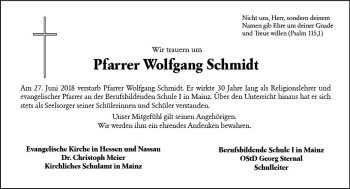 Traueranzeige von Wolfgang Schmidt von Trauerportal Rhein Main Presse
