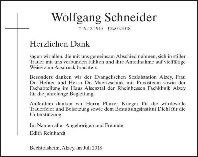  Traueranzeige für Wolfgang Schneider vom 14.07.2018 aus vrm-trauer