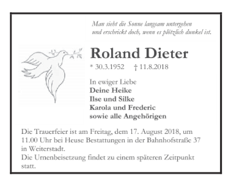  Traueranzeige für Roland Dieter vom 15.08.2018 aus  vrm-trauer