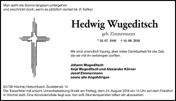 Traueranzeige von Hedwig Wugeditsch von vrm-trauer