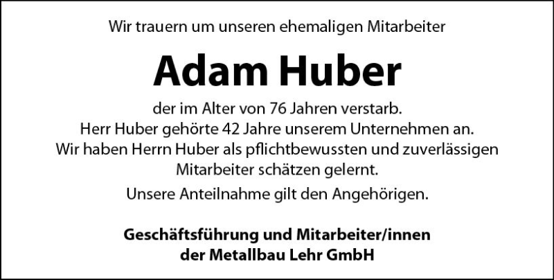  Traueranzeige für Adam Huber vom 01.09.2018 aus vrm-trauer