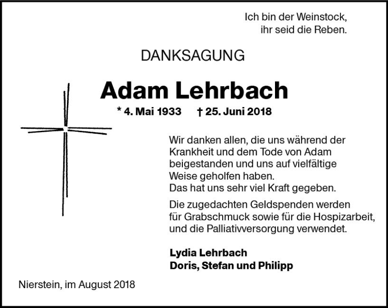  Traueranzeige für Adam Lehrbach vom 25.08.2018 aus vrm-trauer